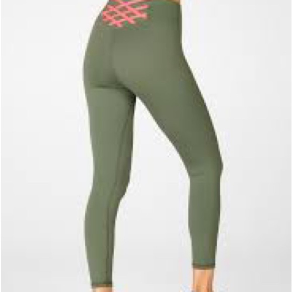 Fabletics Olive Green Leggings with Pink Crisscross Back